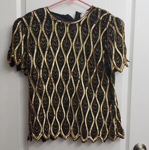 Papell Boutique Black and Gold Embellished Top